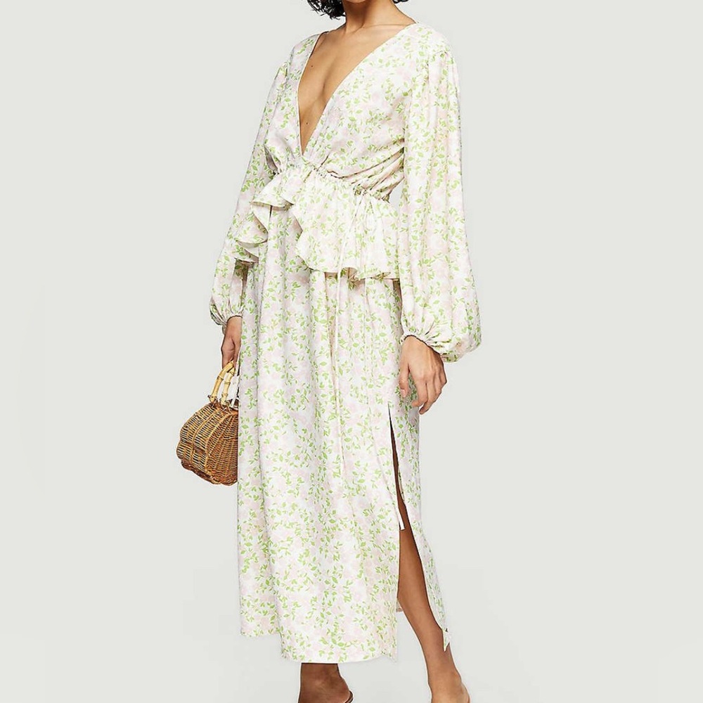 Topshop Green and White Floral Cinched Waist Dress